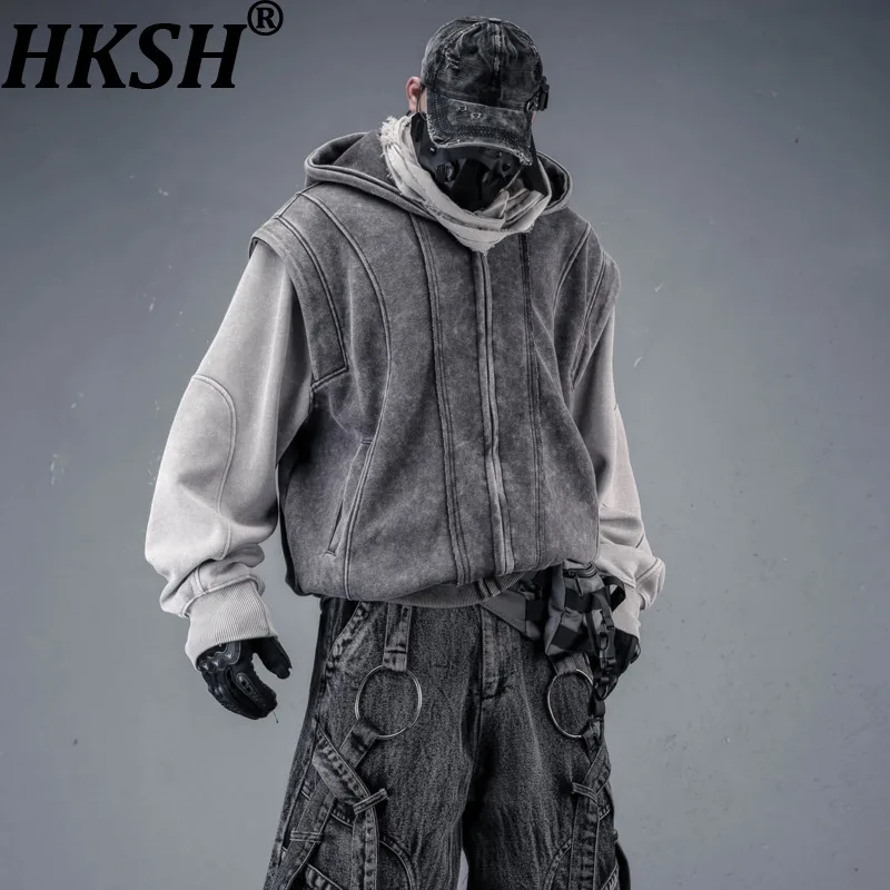 HKSH Unique Waste Land Washed Distressed Patchwork Faux Two-Piece Hooded Sweatshirt For Men Autumn New High Street Coats HK26978