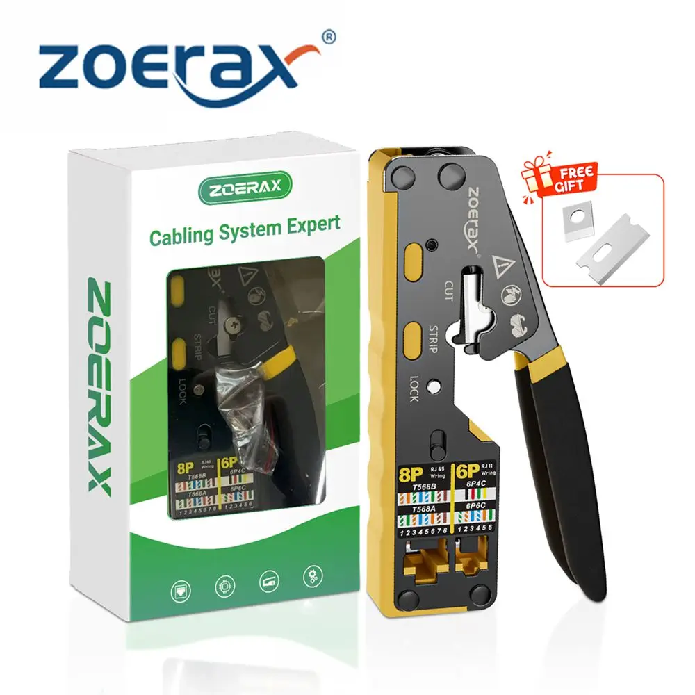 ZoeRax RJ45 Crimp Tool Pass Through Ethernet Crimping Tool for Cat6 Cat5 Cat5e RJ45 Connectors with Replacement Blade