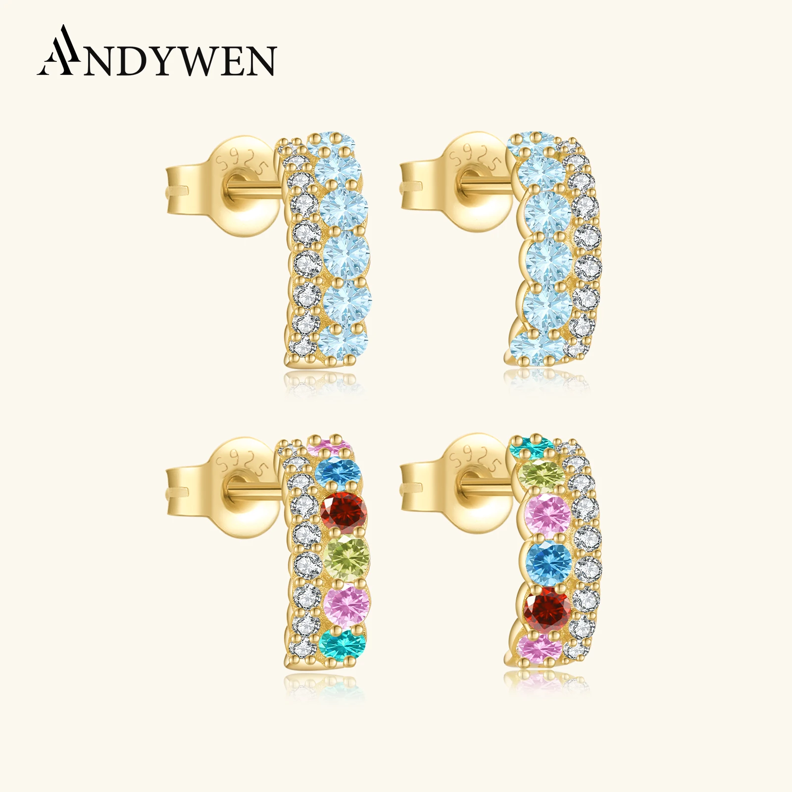 

ANDYWEN, круглые серьги-гвоздики из стерлингового серебра 925 пробы с цветным цирконом, женские роскошные винтажные романтические ювелирные изделия, подарок на День Святого Валентина 2020, подарок