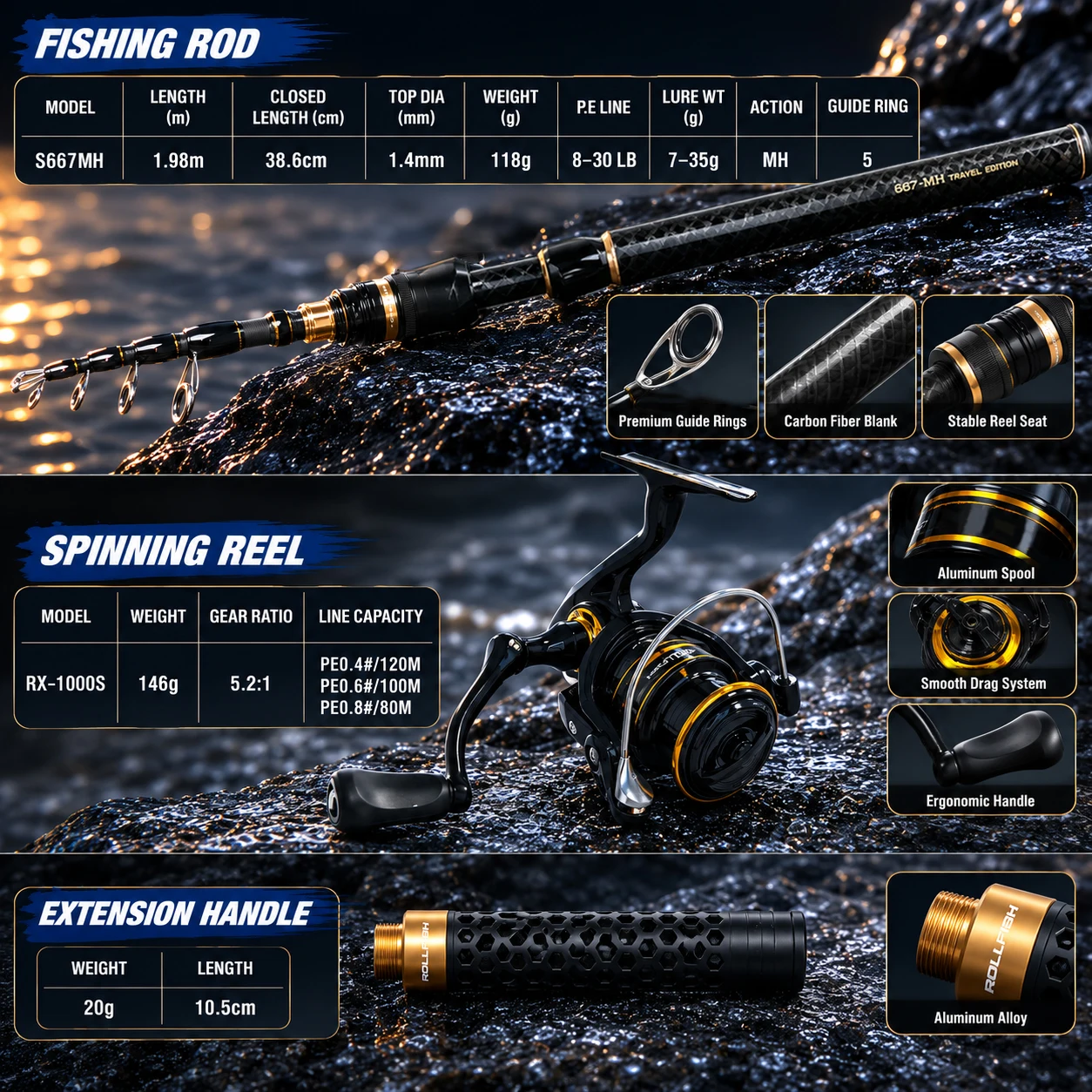 ROLLFISH Teleskop-Bass-Angelrute mit Rolle, Geschenkbox-Set, Schnur, Köder, Schere, M-Power, Reise-Angelrute, Geschenke für Männer, Väter, Ehemänner – Detail 3