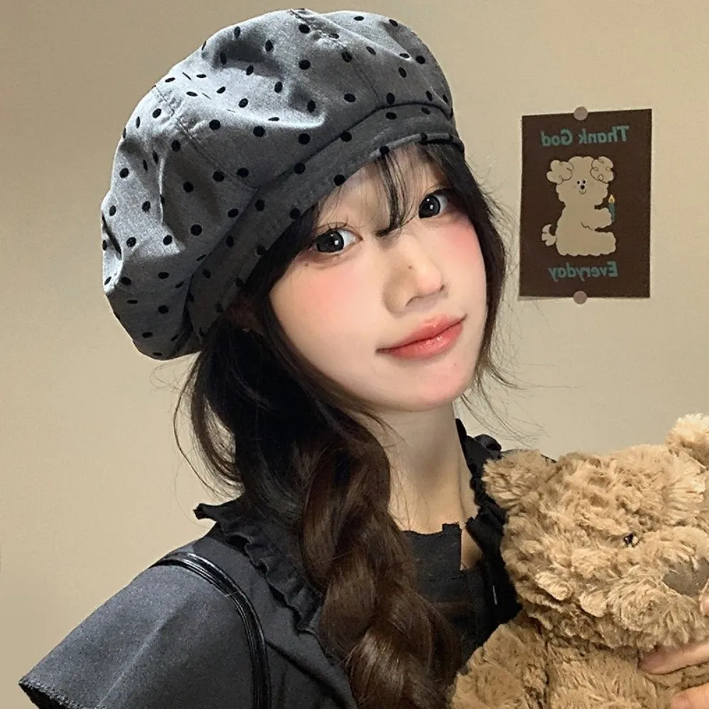 

Fashion Korean Polka Dot Berets Y2k Retro Painter Berets Versatile Casual Beanie Cap Spring Summer