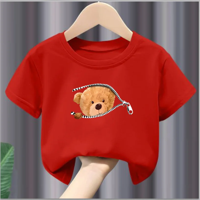 Zipper Bear Graphic Print T-Shirt, Creative Short Sleeve Crew Neck Shirt, Casual Daily Tops, Boy\'s Clothing clothes