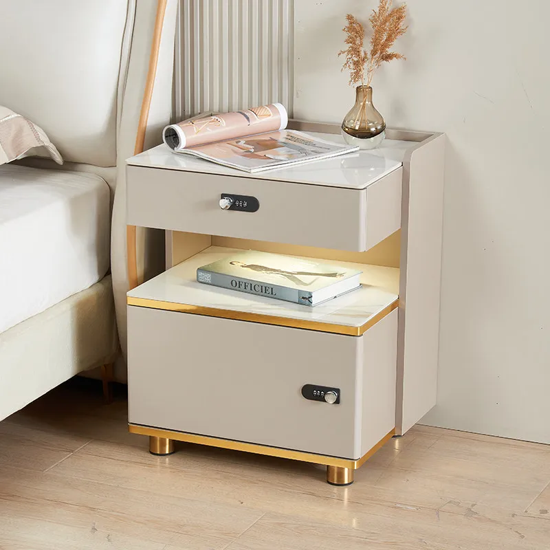 Locked light luxury bedside table Household environmental protection Ou Song board Smart bedroom Simple modern rock slab Multifu