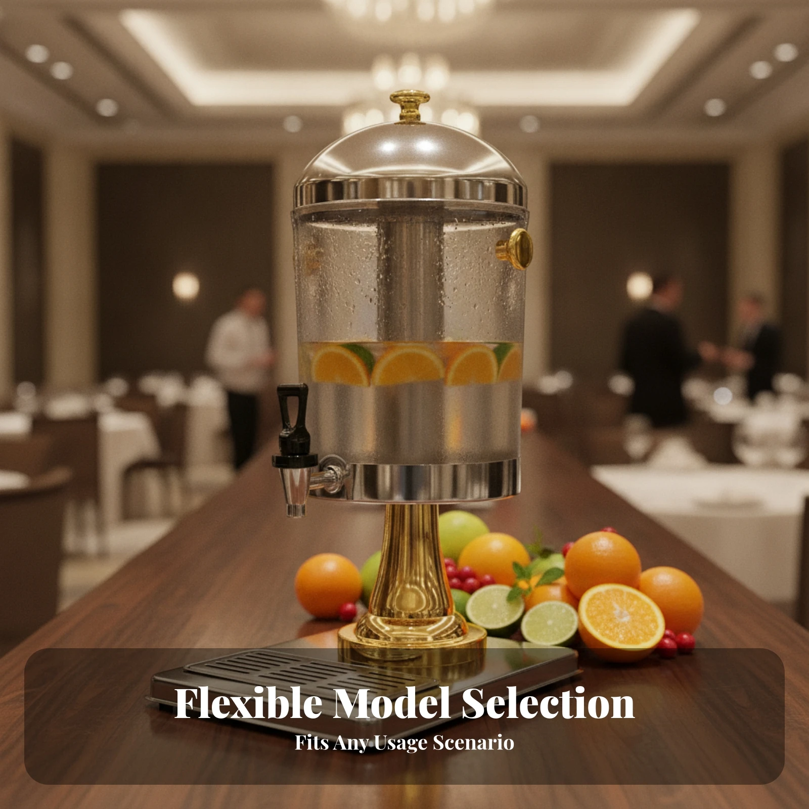 8 L Beverage Dispenser Slotted Drain Panels Pedestal Beverage Dispenser Polished Silver Finish Crystal Clear