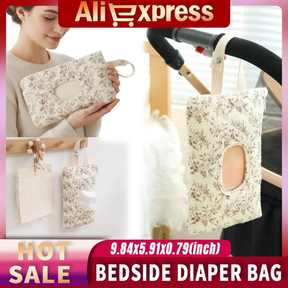 

Canvas Floral Quilted Baby Wipe Dispenser Bedside Diaper Bag Baby Disposable Wet Tissue Storage Bag Portable Diaper Wipe Holder