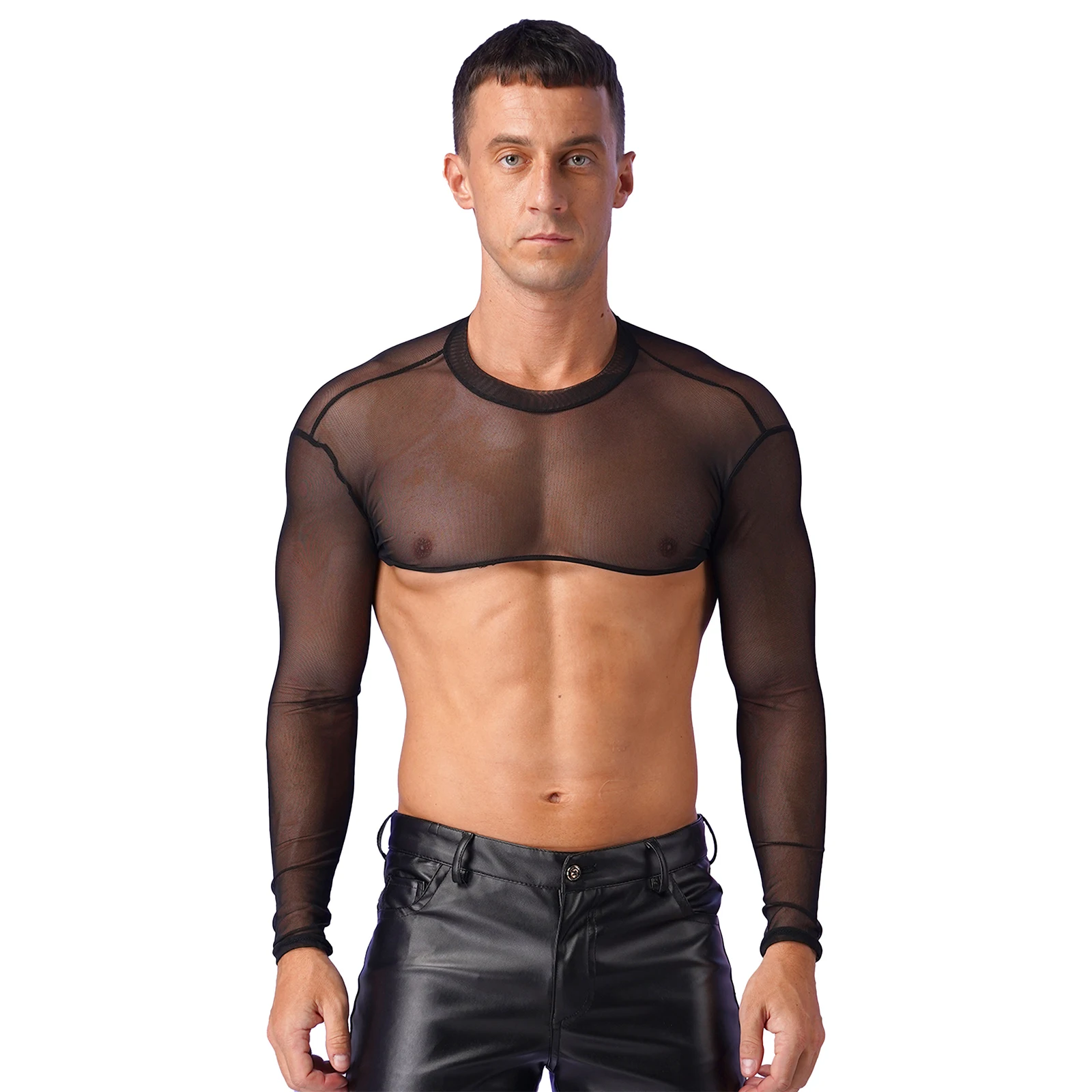 

Mens See-through Mesh Half Cropped Top Mock Neck Long Sleeve Sheer T-shirt Cover Ups Sexy Casual Streetwear Beachwear Clubwear