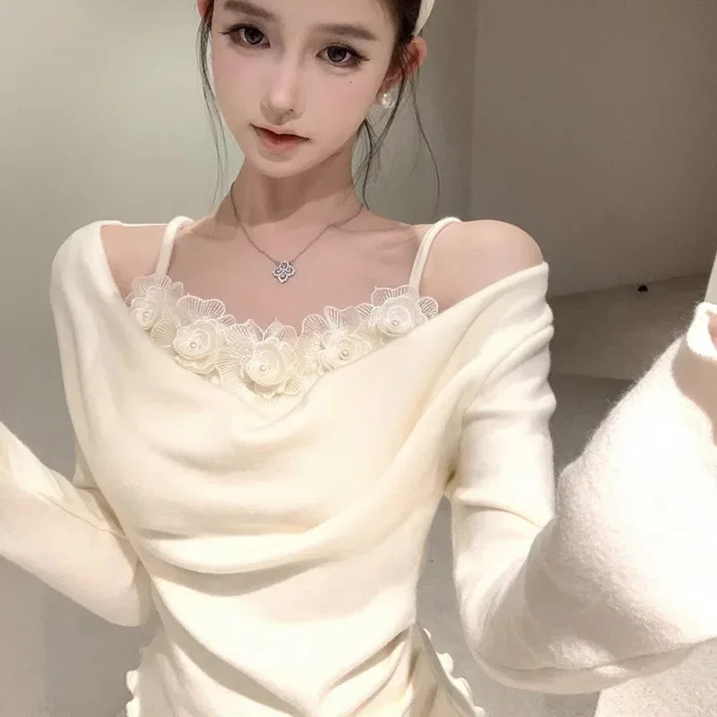 

LIBIELIY Spring New Long Sleeve T-Shirt Women's One Shoulder V-neck Splice Pure Desire 3D Flower Beautiful Top Fashion Elegant S