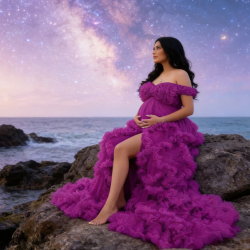 

Готовое к использованию тюлевое платье для беременных на бэби-шауэр - дизайн с открытыми плечами, пышные оборки, длинный халат для фотосессии беременных