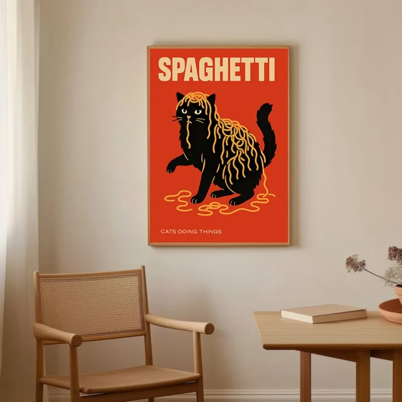 More Spaghetti Less Upsetti Black Cat Eat Ramen Poster Canvas Painting Print Wall for Living Room Kitchen Decor Cuadros