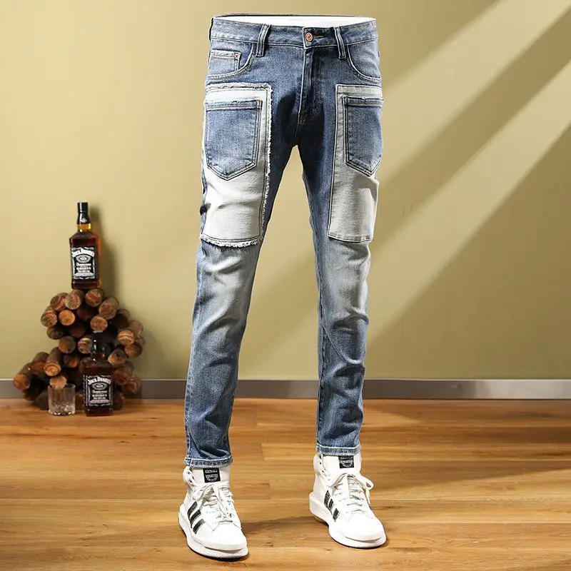 2022 Trendy fashion patch trend jeans for men slim casual scraped stretch pants feet  men jeans  ripped jeans