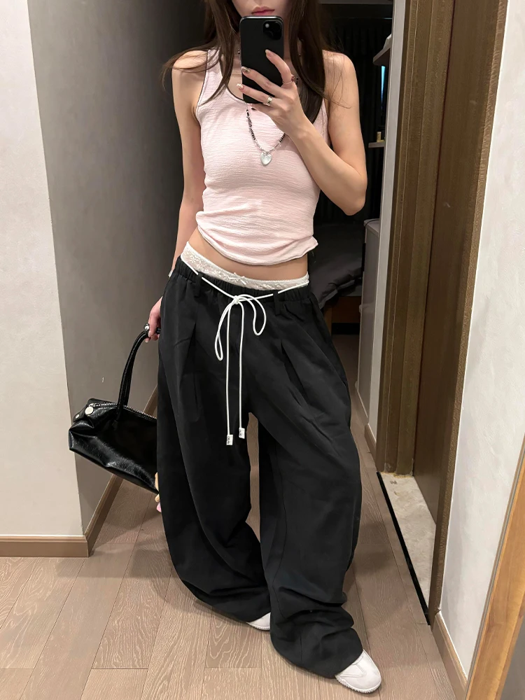 

Casual Lace Trim Wide Leg Pants Women Early Spring Faion Knife Straight Leg Drapey Floor Length Trousers