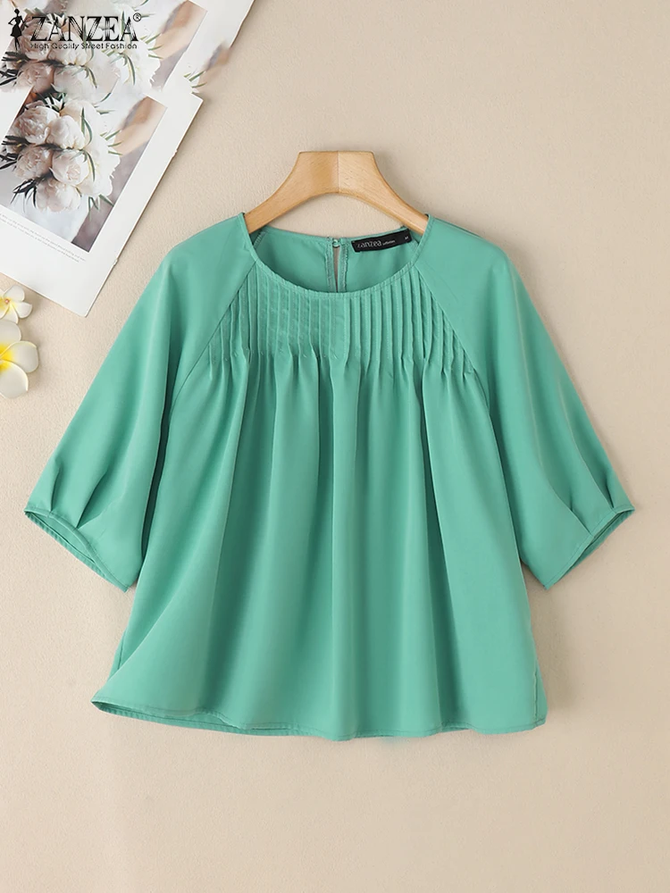 

ZANZEA 2025 Summer Casual Blusas Mujer Pleated 3/4 Raglan Sleeves Solid Woman Everyday Tunic Tops Vintage O-Neck Pintuck Blouses