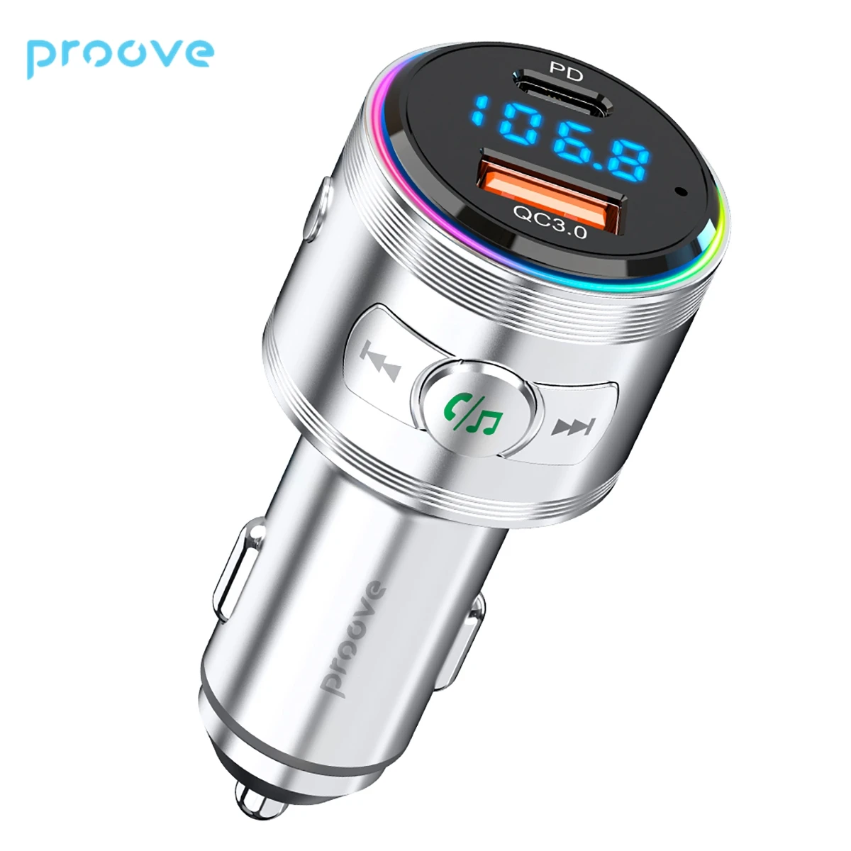 

Proove Maxi Wave 30W Car MP3 Player FM Transmitter Launcher Car Charger 30W with LED light QC3.0 USB PD Type C for Phone