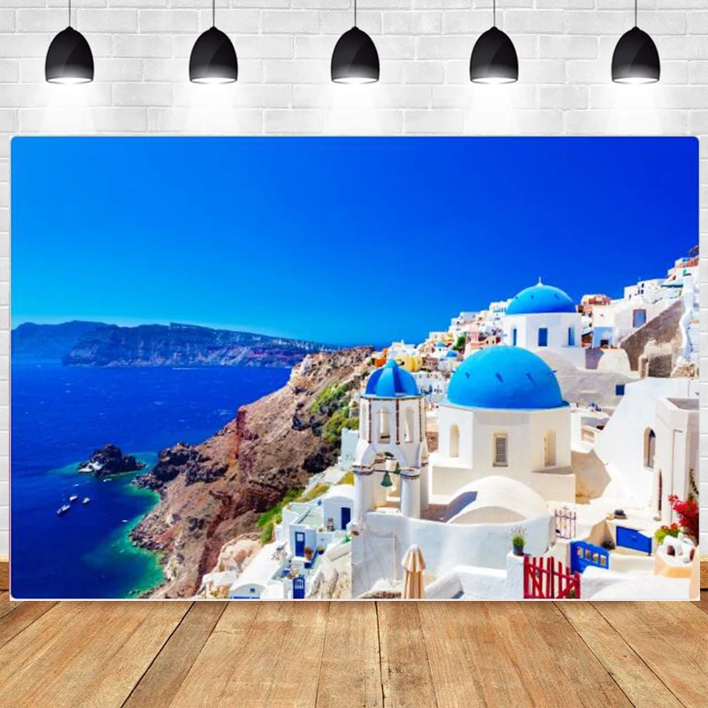 Fabric Greece Backdrop Party Decoration European Town Santorini Island Oia Village Wall Banner Background for Photography Props