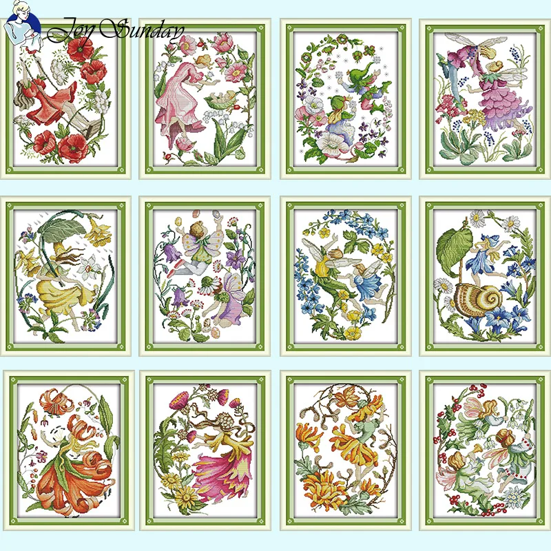 Image of 12 Monate Blumenfee Serie Freude Sonntag Cartoon Kreuzstich Kits 14CT 11CT 16CT Leinwand Stoff Stickerei DIY Kinderzimmer Dekor