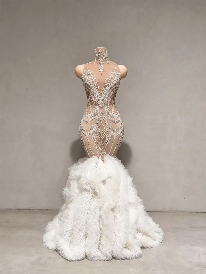 Neue Diamante Meerjungfrau Brautkleider Luxuriöse weiße elegante Spitze Perlen Hochzeit Geburtstag Party Ballkleider Custom