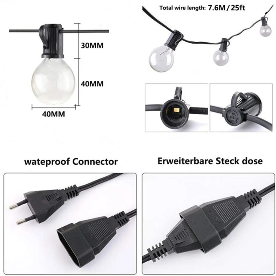 في الهواء الطلق 25Ft G40 غلوب الجنية سلسلة ضوء مع 25 الزجاج لمبة خمر مقاوم للماء فناء حديقة جارلاند الديكور أضواء عيد الميلاد