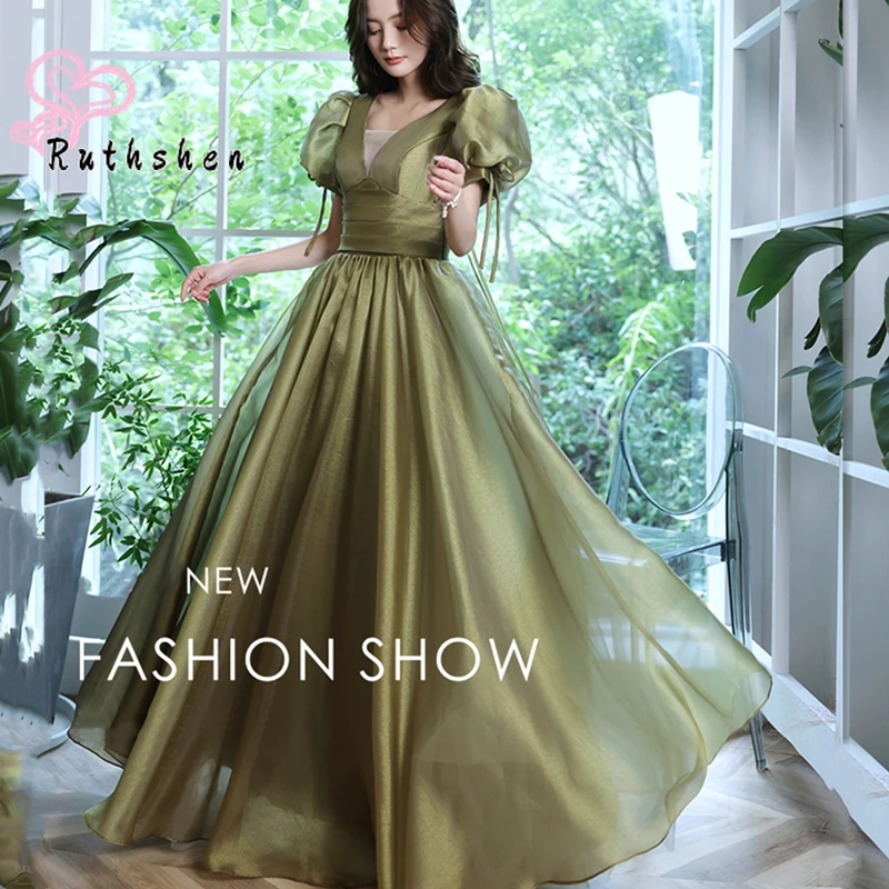 Olive Green Princess Evening Dresses Long Burgundy Prom Dress Short Sleeves Vestidos De Gala Elegant for Women V Neck 2023 New