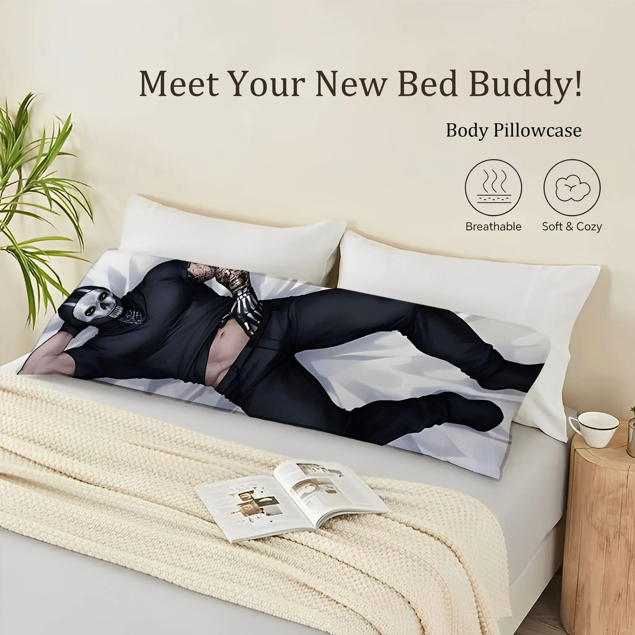 Muscle Man Skull Mask Black Outfit Anime Life-Size Body Pillow Cover, Detailed Tattoo Gloves, Made of Polyester, Zipper Closure,