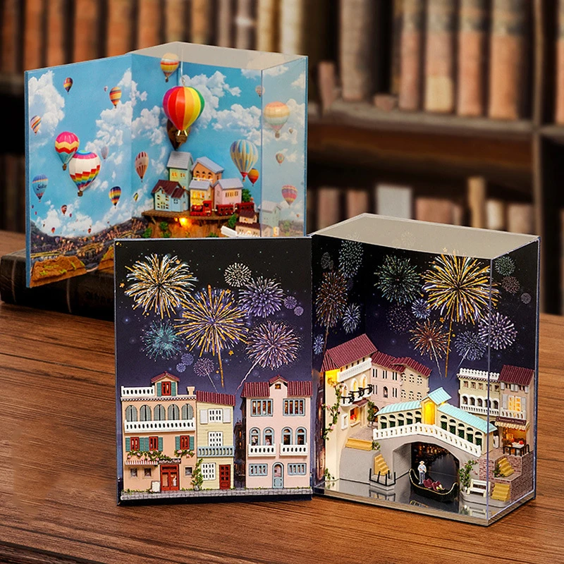 DIY Wooden Book Nook Shelf Insert Kits Miniature Hot Air Balloon Bookends Venice Water City Bookshelf Dollhouse Friends Gifts