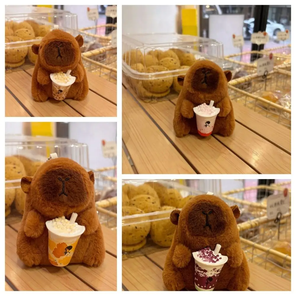 Cute Carton Capybara Toy Keychain Milk Tea Simulation Soft Fluffy Bag Pendant