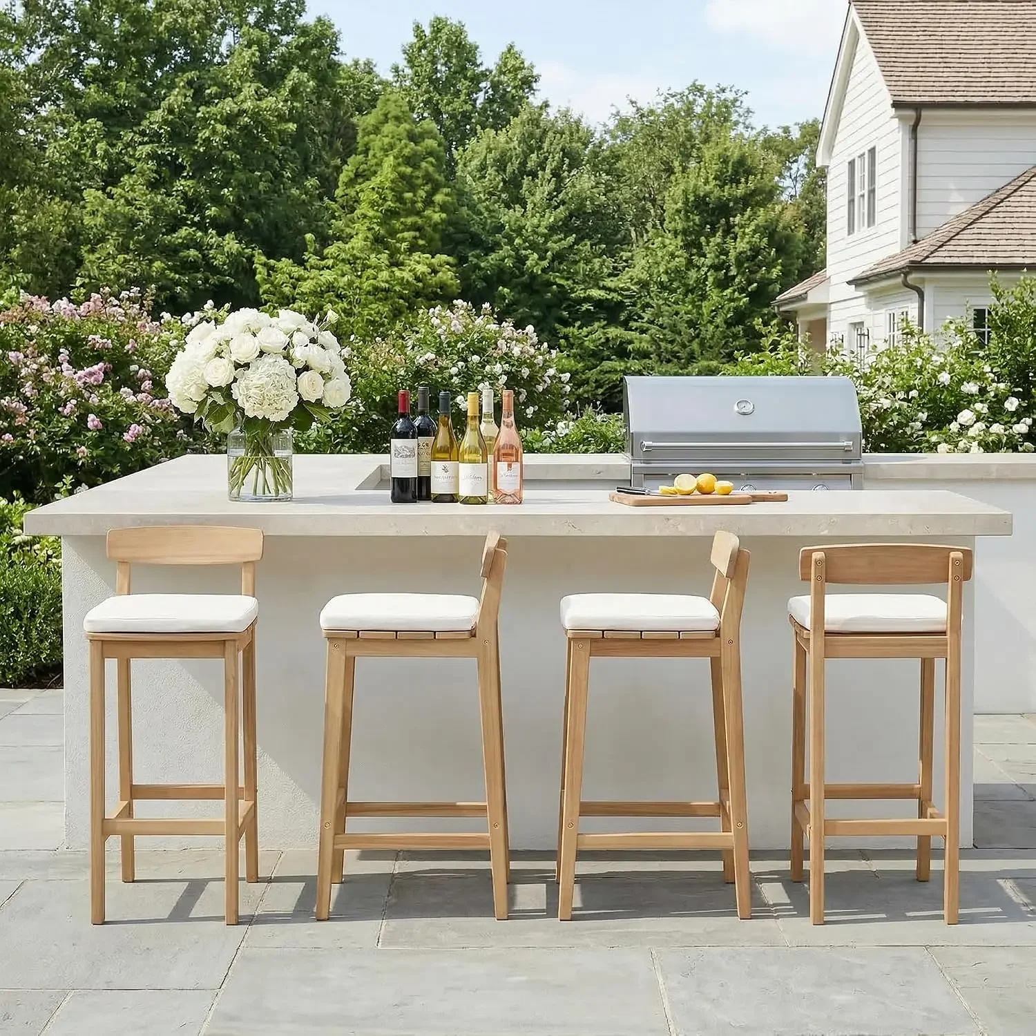 Patio Bar Stools Set of 4, Solid Acacia Wood Patio Barstools with Footrest, 28.5
