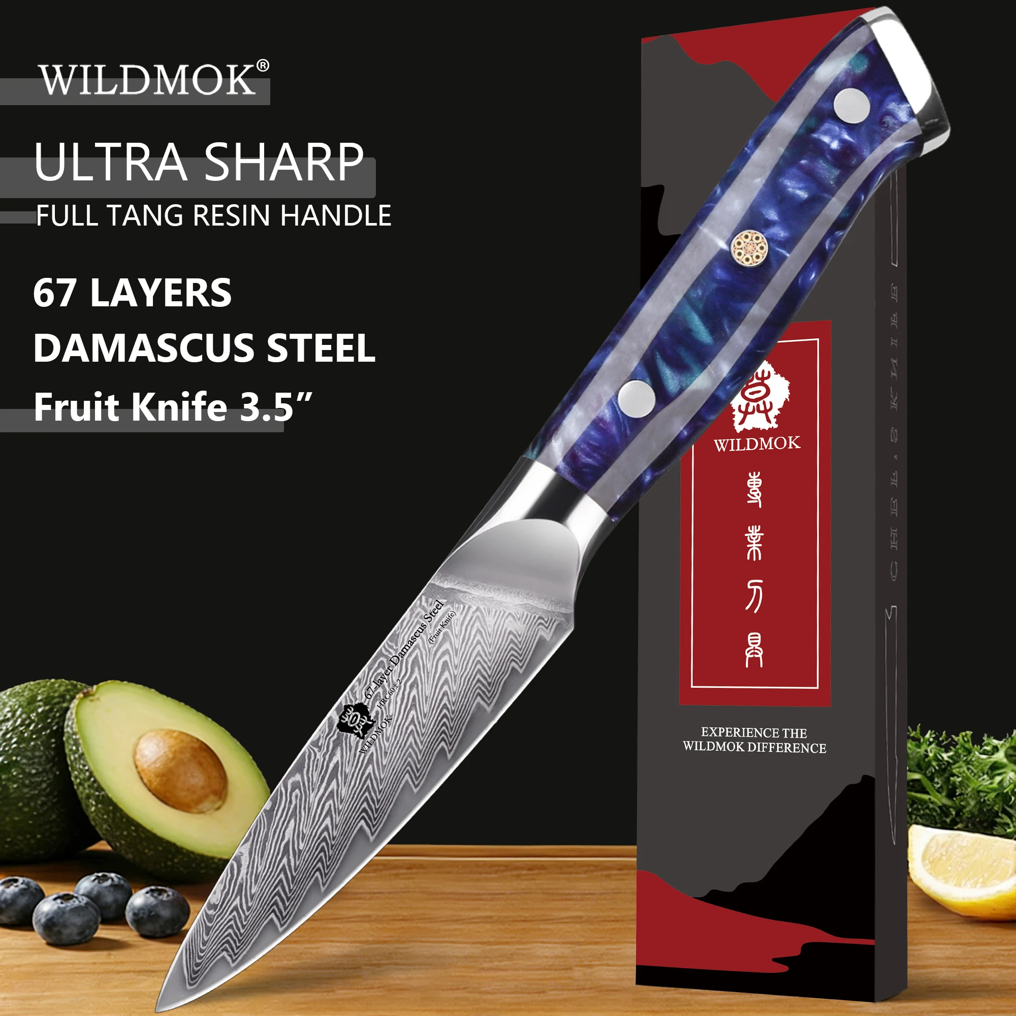 WILDMOK 3.5 Inch Japanese Damascus Steel Paring Knife Sharp Blue Resin Handle Fruit Peeling Carving Kitchen Tool