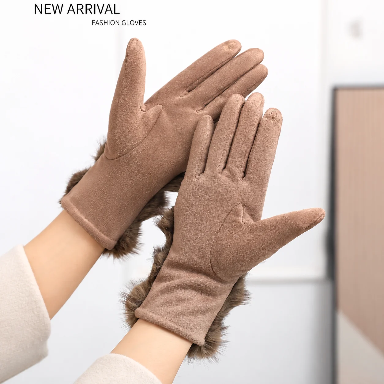 Women's Touch Screen Winter Gloves Fleece Lined Faux Suede Warm Split Finger Gloves with Faux Fur Cuff for Cycling Daily Use