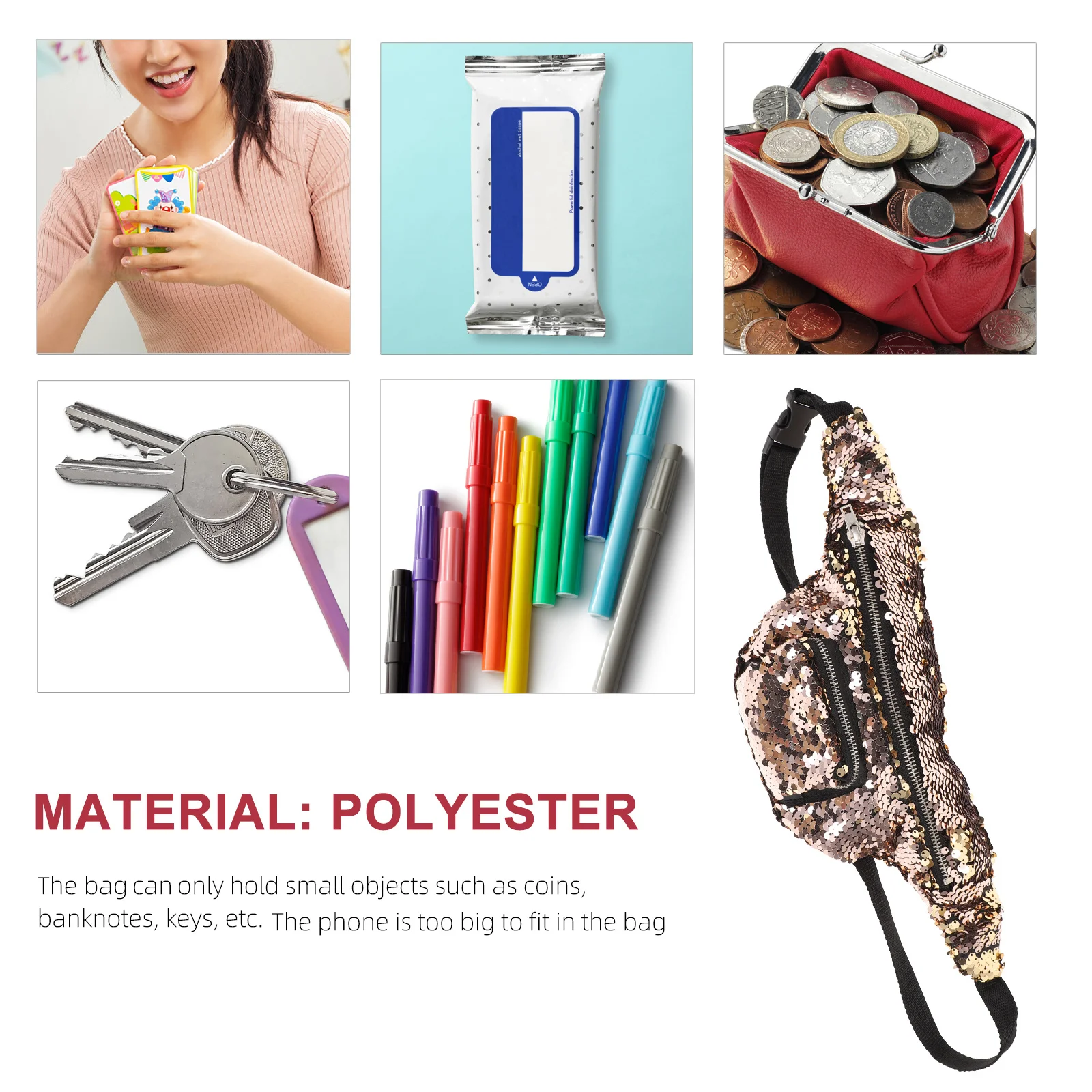 

Sequins Women Waist Bag Multifunctional Adjustable Fanny Pack for Casual Daily Use Gold Waist Pouch for Travel Outdoor