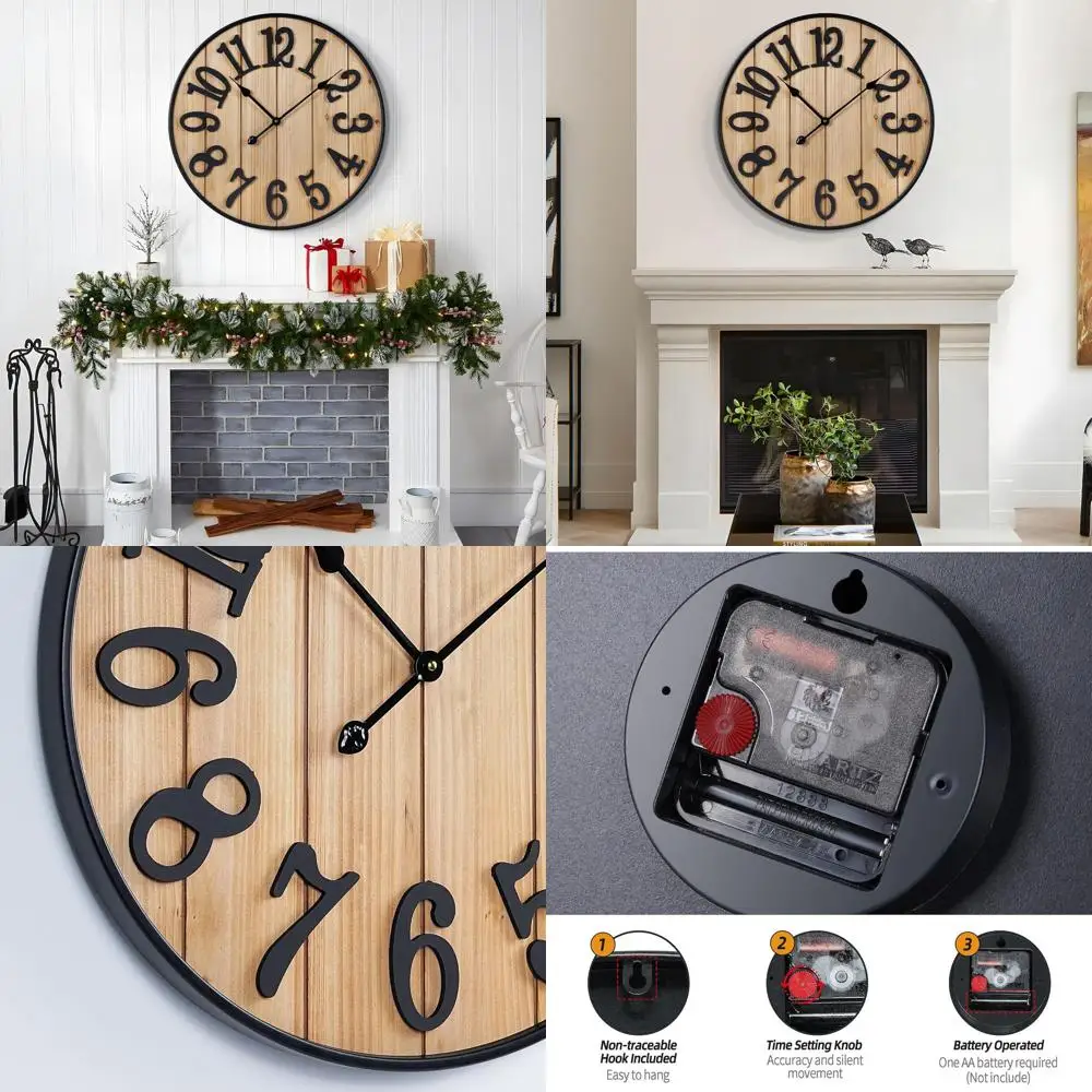 

Battery-Powered 24 Silent Large Wall Clock, Metal & Wood Style, Ideal for Home and Outdoor Living Spaces