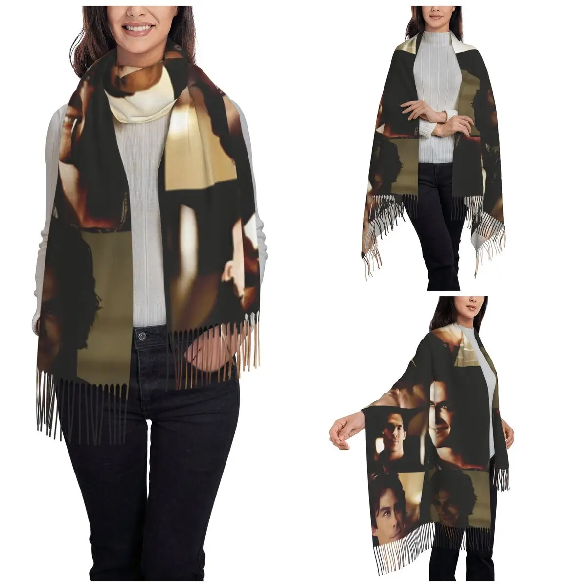 Women's Tassel Scarf The Vampire Diaries Large Super Soft Shawl Wrap Damon Salvatore Horror Movie Gifts Pashmina Scarves
