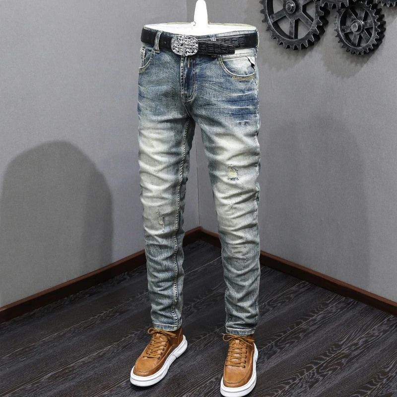 

Italian Style Fashion Men Jeans Retro Washed Blue Stretch Slim Fit Ripped Jeans Men Patched Designer Vintage Denim Pants Hombre