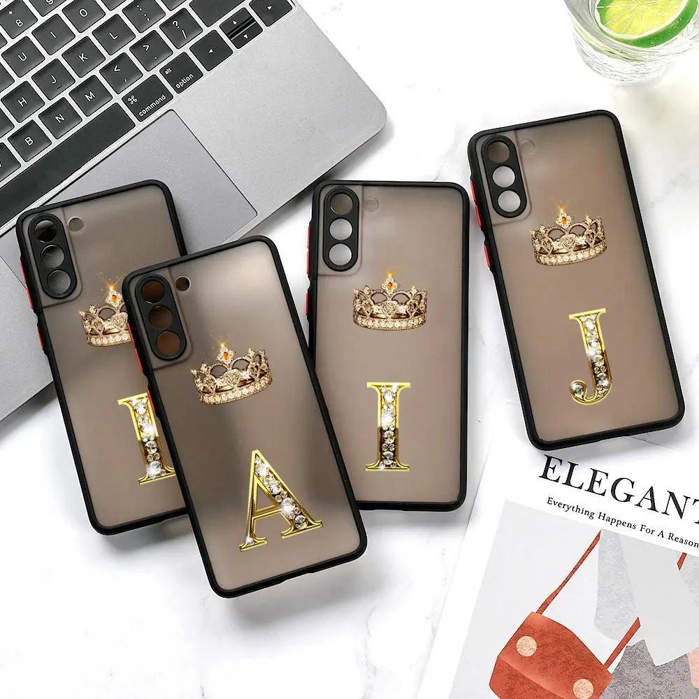 Korona złota diamentowa S23 5G etui do Samsung S24 S20 FE S21 S22 Ultra Funda Galaxy S24 Plus matowa okładka początkowa litera A A J L M