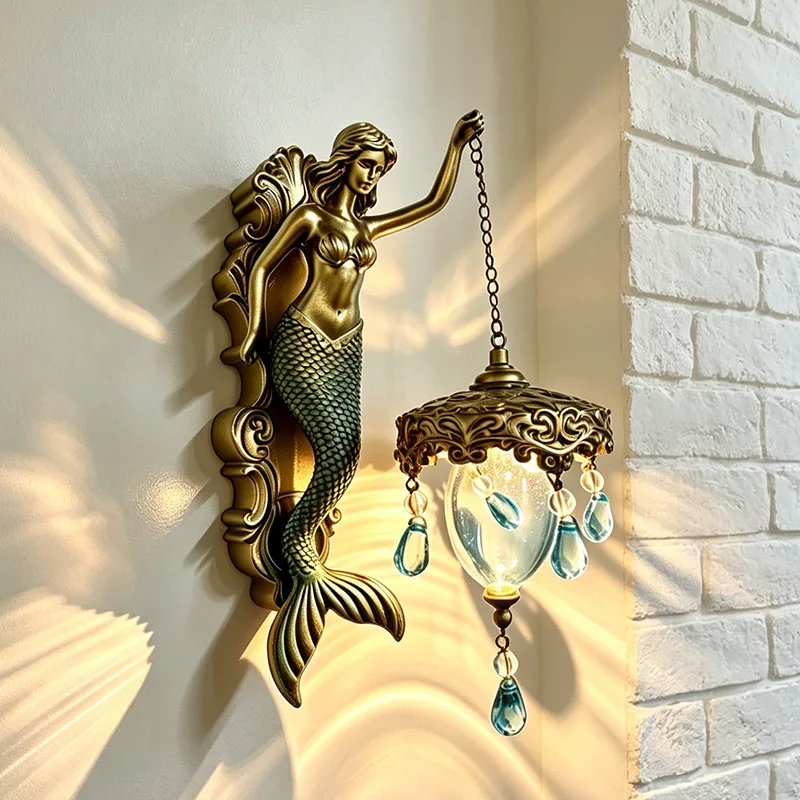 2026 Cross-border New Product Cross-border Retro Resin Mermaid Wall Lamp Decorative Ornament High-end Niche Pendant European Sty