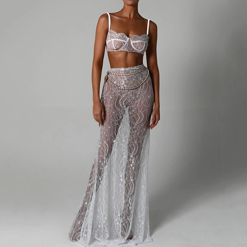 Women\'s Backless Suspender Skirt Two-Piece Sexy Floor Length Long Skirt Set See Through Lace Chain Evening Dress