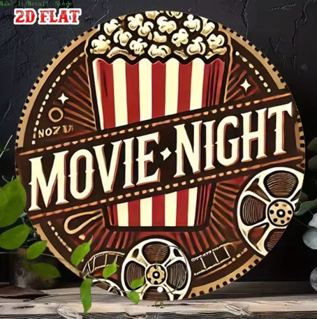 Movie Night Popcorn 2D Flat Round Metal Sign, Retro Cinema Themed Wall Decor for Home Theater
