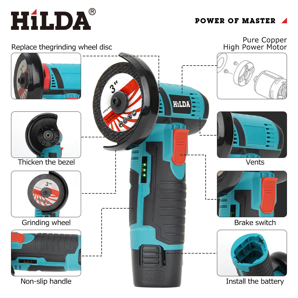 HILDA 12V 3/4 Inch Lithium Electric Angle Grinder Rechargeable Battery Brushless/Brushed Polishing Machine  Mini Cutting Machine