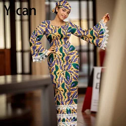 African Dress for Women Elegant Flare Sleeve Lace Dress Slim Fit Party Evening Gown Vestidos with Headwrap African Dress 2425158