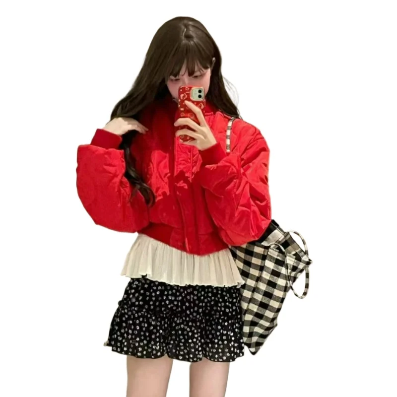 2026秋冬新作 レッドジッパーコットンジャケット レディース ファッション ハイエンド レディライクスタイル コットンアウター トレンド