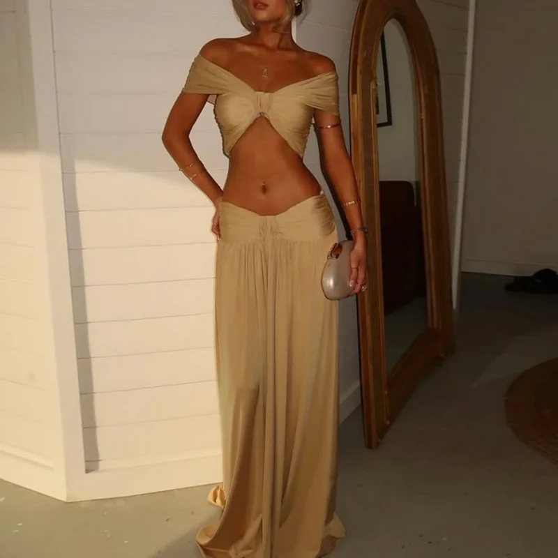 

V-neck Camisole Top and Long Skirt Holiday Suit Simple Solid Exposed Navel Beach 2pc Set Women's Casual Pleated Summer Outfits