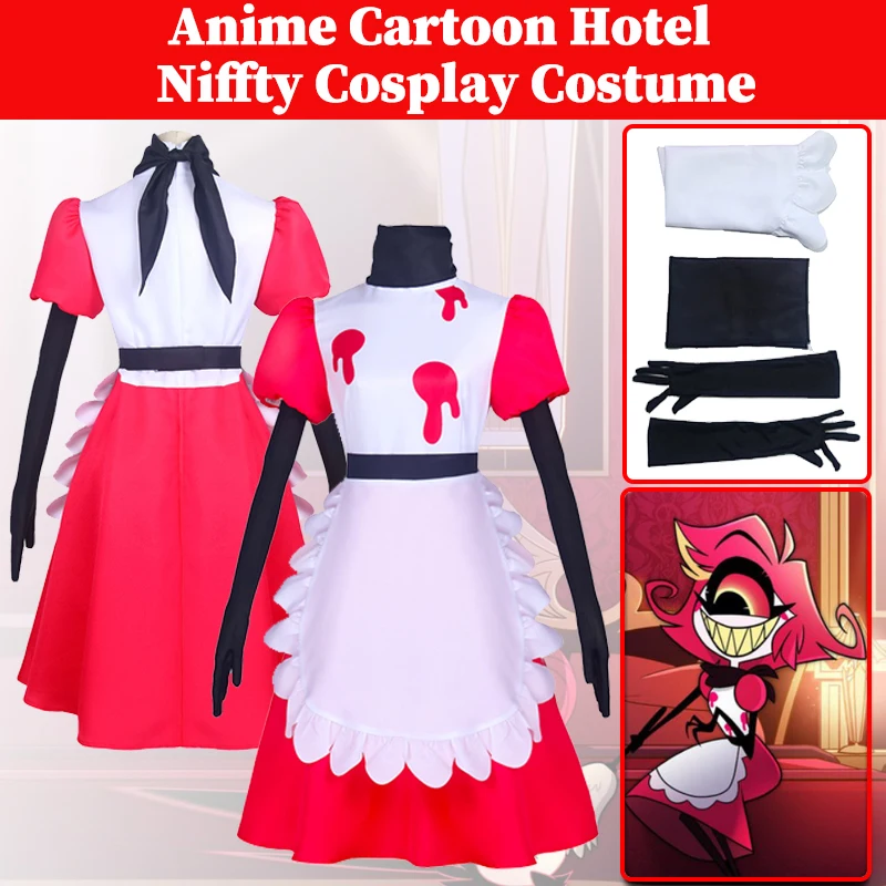 Niffty-Robe de Cosplay de Dessin Animé pour Femme et Fille, Costume de Carnaval d'Halloween, Ensemble de Gants et Tablier