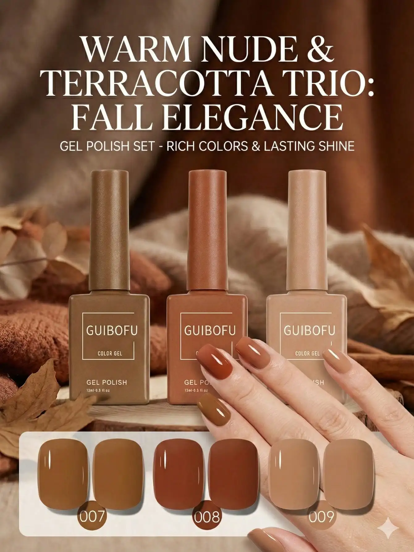 3Pcs/set 15ml Caramel Coffee Gel Polish,Brown Amber Pumpkin Color,Warm Earth Tone,Semi Permanent Soak Off UV LED Design Manicure