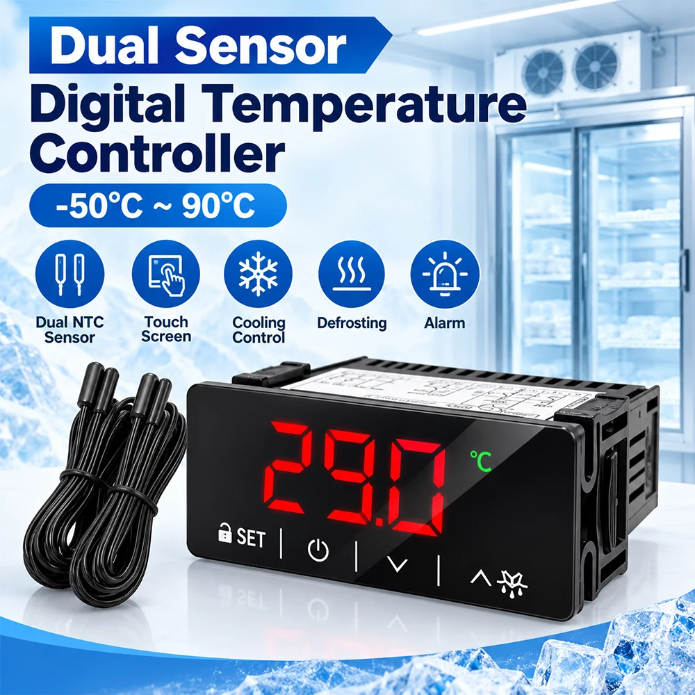 Dual Sensor Digital Temperature Controller Microcomputer Thermostat Touch Screen Refrigeration Cooling Defrost Alarm