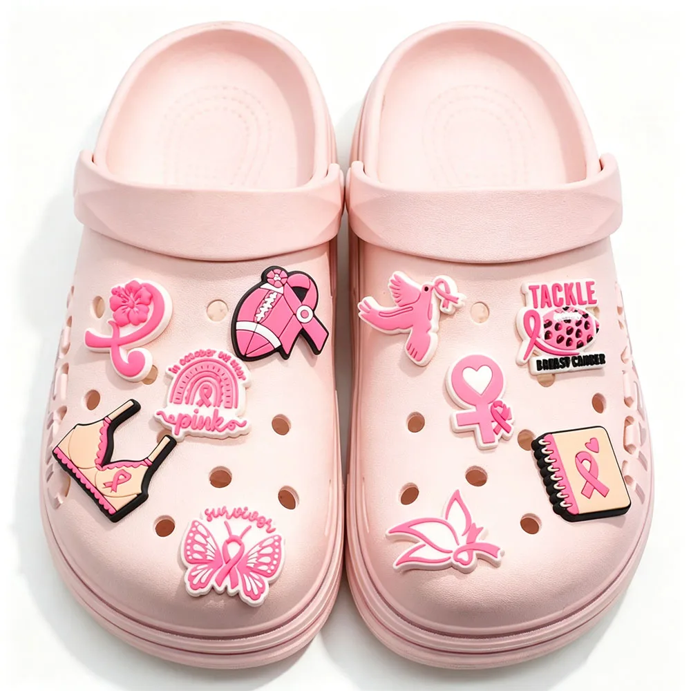 38PCS Pink Ribbon Shoe Charms Breast Cancer Survivor PVC Shoe Decorations Accessories For Croc Clogs Sandals Women Party Gift
