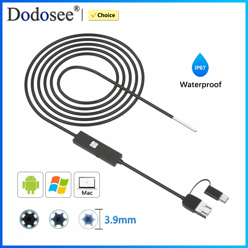 Dodosee 3.9mm HD Endoscope 3 in 1 Car Inspection Borescope 720p Mini Camera for Android Mac Windows Micro USB Type C