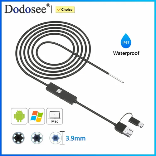Dodosee 3.9mm HD endoscopio 3 en 1 boroscopio de inspección de coche 720p Mini cámara para Android Mac Windows Micro USB tipo C