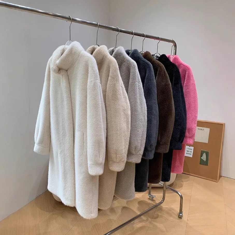Winter Long Brown Thick Warm Soft Faux Mink Fur Coat Women Puff Sleeve Elegant Luxury Chic Fluffy Furry Overcoat 2025 Wh25