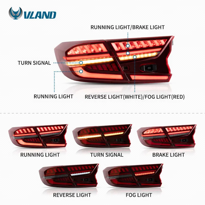 VLAND Factory Wholesales 10th Taillights With Sequential 2017 2018 2019 LED Tail Rear Lamps Lights for Accord