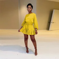 Women Fashion Summer Romper Imitation Dress Ladies Solid Color O-Neck Long Sleeve Ruffles Dresses Sundress Holiday Dress