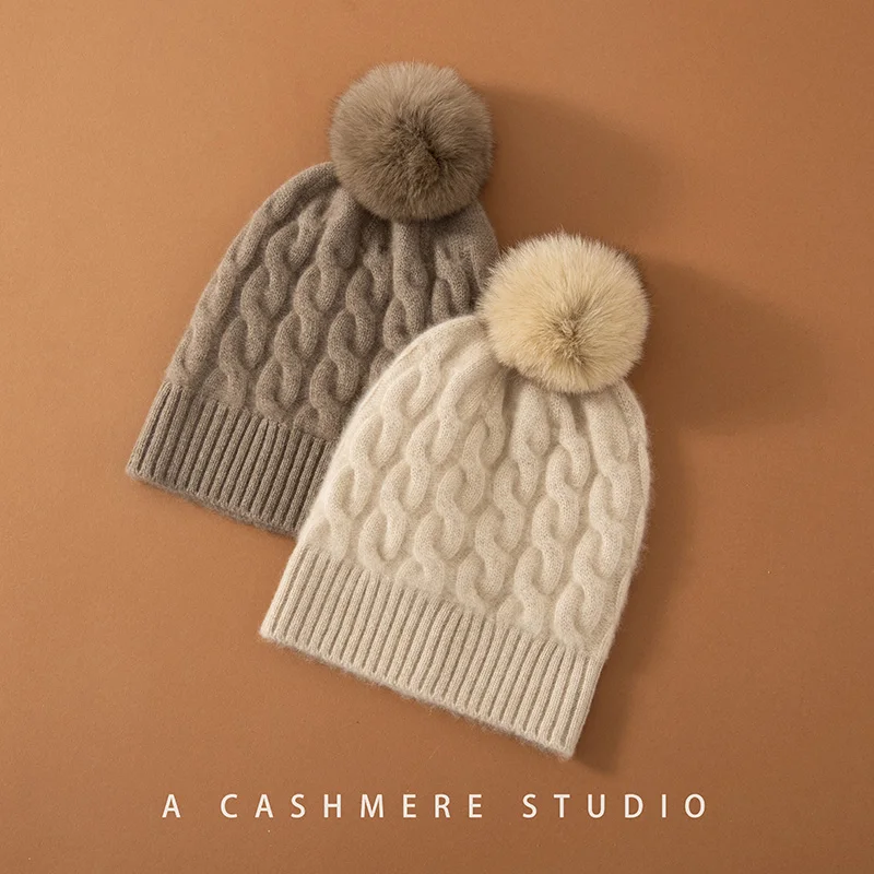 Chapeau en cachemire de chèvre pour femme, 100% pur cachemire, fourrure véritable, bonnet en tricot chaud, mode d'hiver, chapeau torsadé à veste épaissie, haute qualité